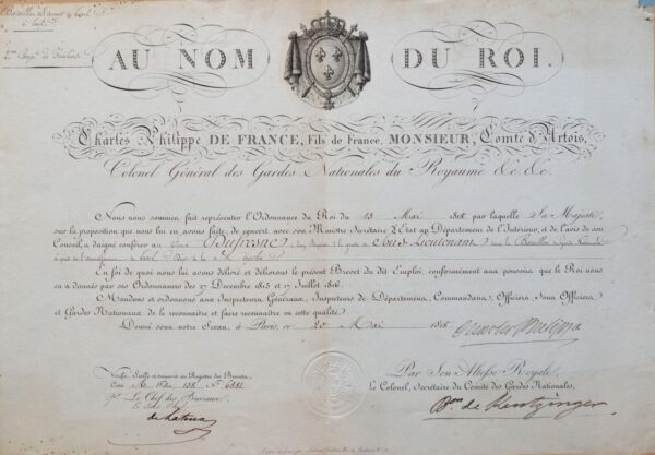 Brevet signé par le futur roi Charles X.