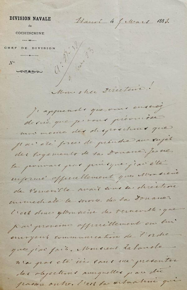 Lettre d'Hanoï du commandant Henri Rivière, deux mois avant sa mort