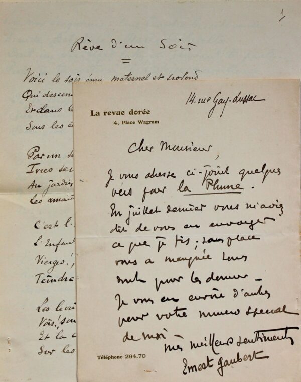 Poème autographe d'Ernest Gaubert pour la revue La Plume.