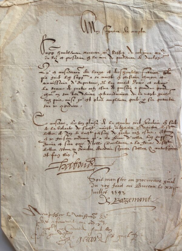 Le poète et compagnon d'Henri IV, Soffrey de Calignon, reçoit une pension.