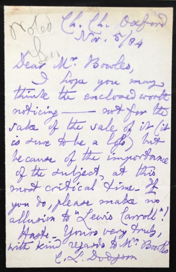 Lewis Carroll envoie un texte anonymement.