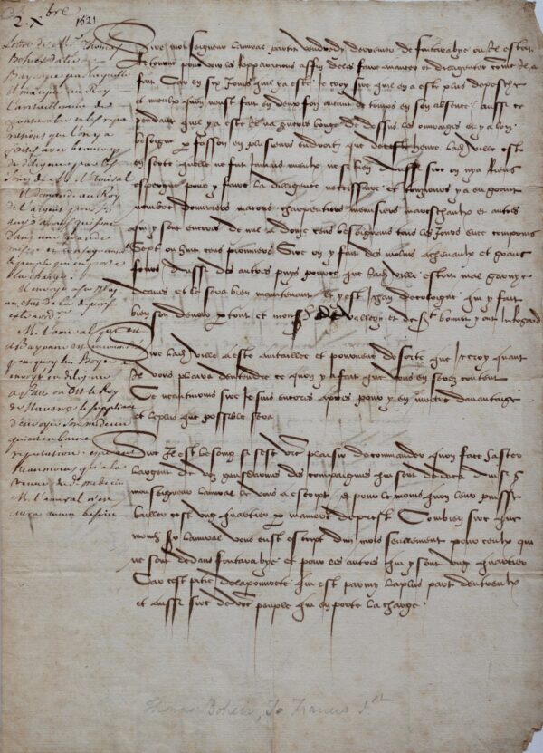 Rare lettre de Thomas Bohier à François 1er sur la reconstruction de Fontarrabie.