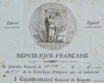 Lettre du général Jacques-Antoine de Chambarlhac avec belle vignette.