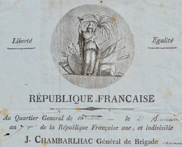 Lettre du général Jacques-Antoine de Chambarlhac avec belle vignette.