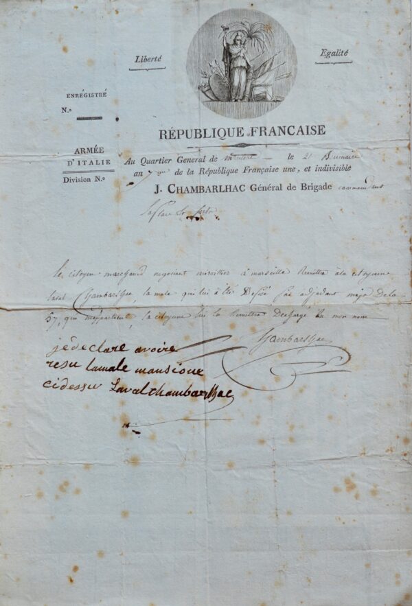 Lettre du général Jacques-Antoine de Chambarlhac avec belle vignette.