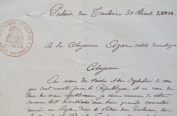 La Commune de Paris remercie Agar au début de la semaine sanglante.