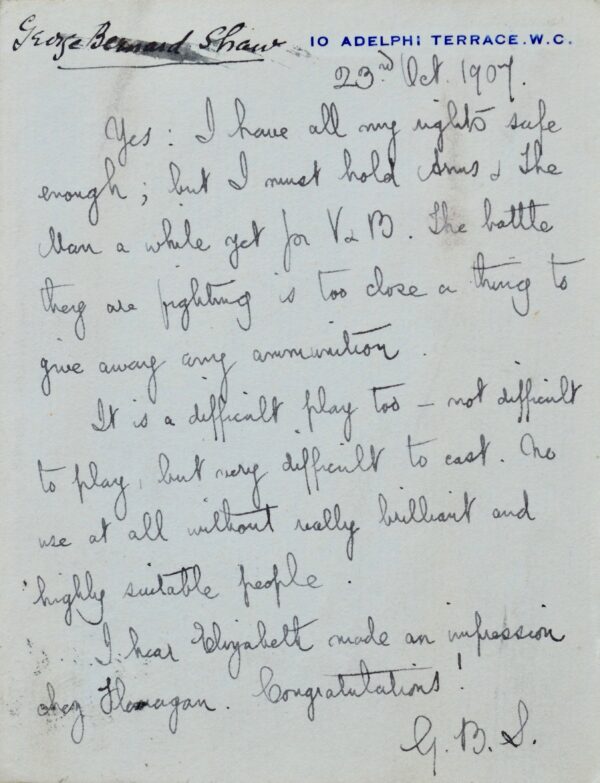 George-Bernard Shaw reconnait la difficulté de jouer Arms & the Man.