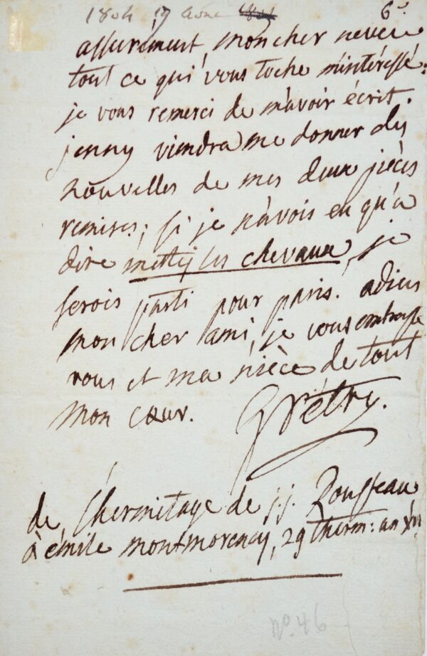 De l'ermitage de JJ Rousseau, Grétry attend des nouvelles de ses pièces.