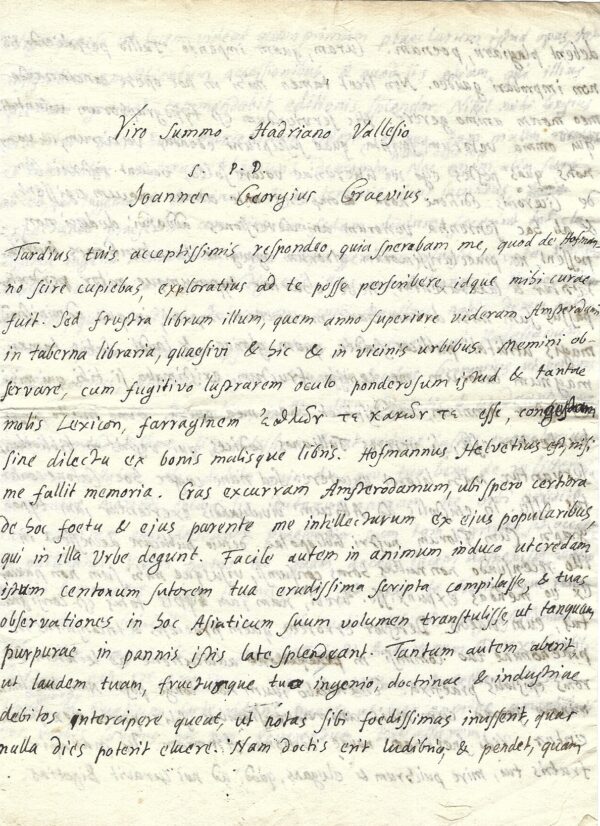 Belle et rare lettre de Graevius relative à son travail sur Cicéron.