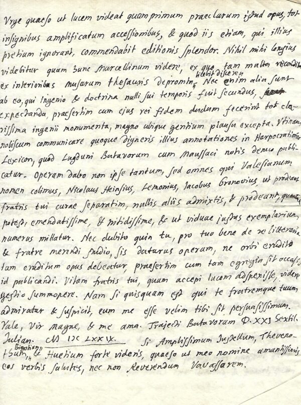 Belle et rare lettre de Graevius relative à son travail sur Cicéron.