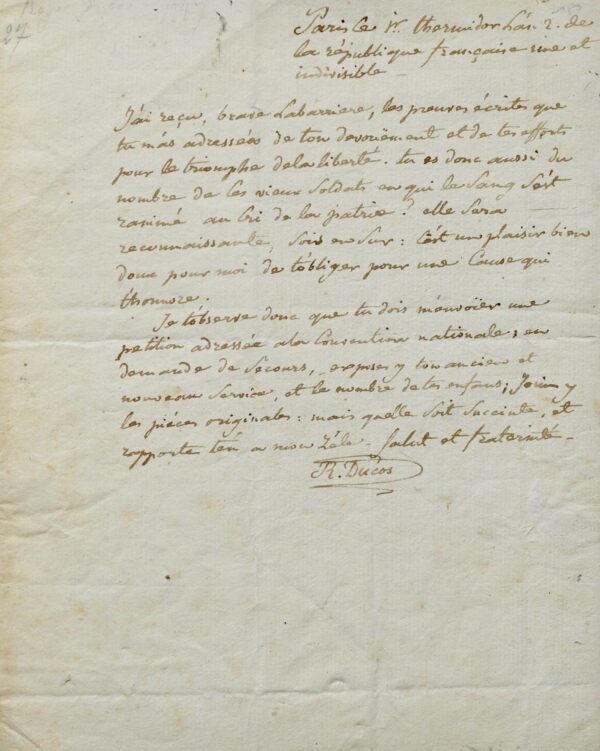 Lettre patriotique de Roger Ducos du 1er thermidor an 2.