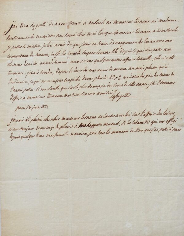 Après son échec aux élections à Meaux, Lafayette s'occupe d'affaires agricoles