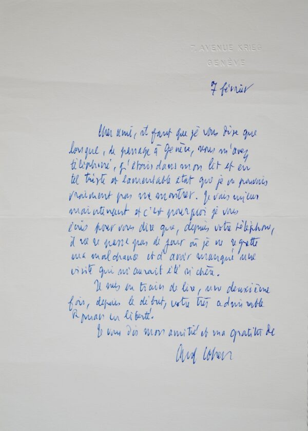 Albert Cohen, souffrant, regrette de ne pas avoir rencontré Félicien Marceau