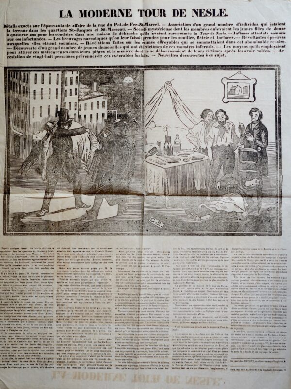 Placard relatant un fait divers criminel contre des jeunes filles, à Paris