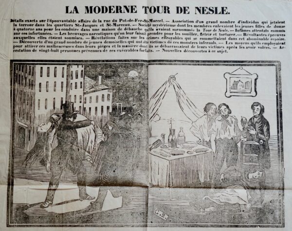 Placard relatant un fait divers criminel contre des jeunes filles, à Paris