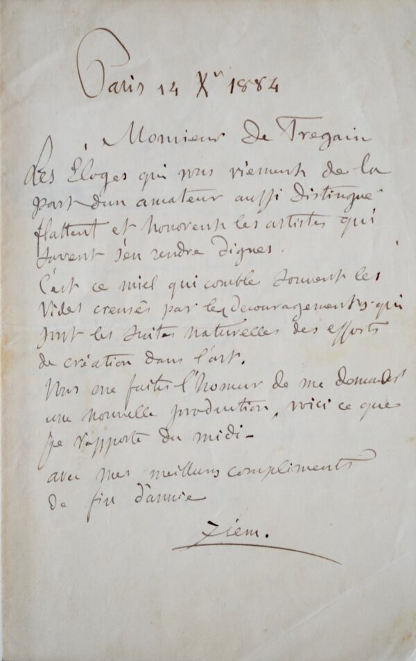 Jolie lettre de Félix Ziem illustrée d'un croquis de la lagune de Venise