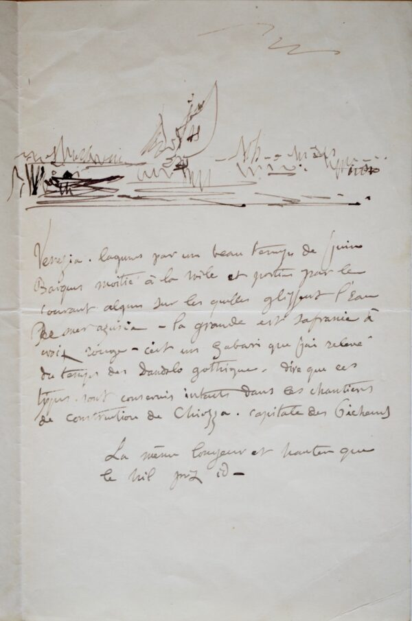 Jolie lettre de Félix Ziem illustrée d'un croquis de la lagune de Venise
