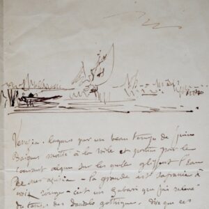 Jolie lettre de Félix Ziem illustrée d'un croquis de la lagune de Venise
