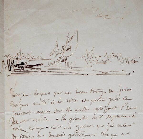 Jolie lettre de Félix Ziem illustrée d'un croquis de la lagune de Venise