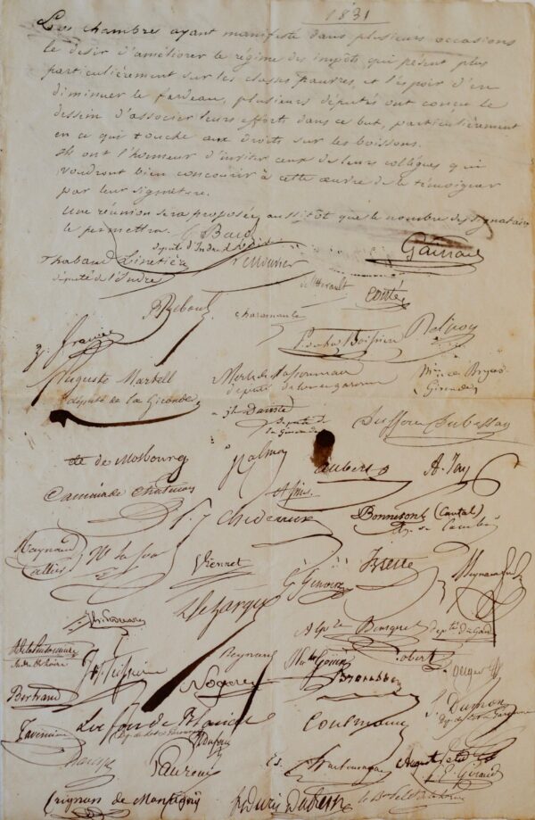 70 députés de 1831 signent une pétition pour diminuer les taxes sur les boissons