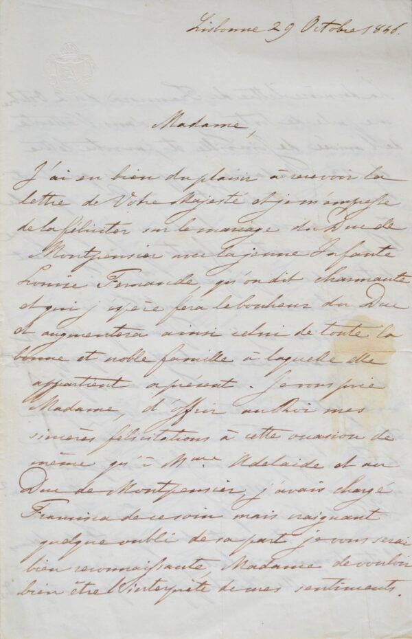 L'impératrice Amélie du Brésil écrit à la reine Marie-Amélie