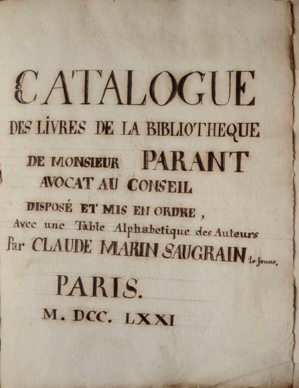 Inventaire manuscrit de bibliothèque par Claude Marin Saugrain le Jeune
