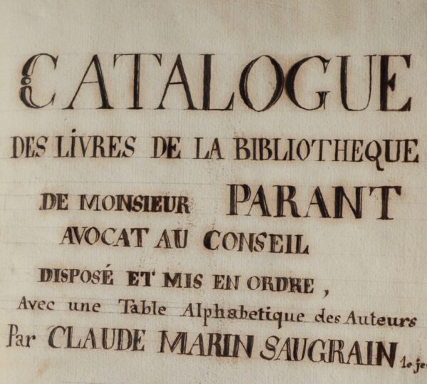 Inventaire manuscrit de bibliothèque par Claude Marin Saugrain le Jeune