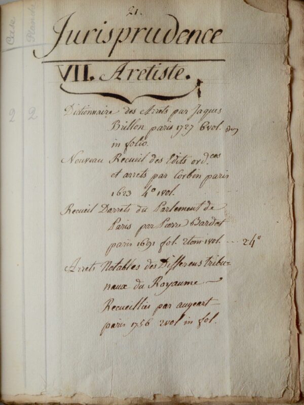 Inventaire manuscrit de bibliothèque par Claude Marin Saugrain le Jeune