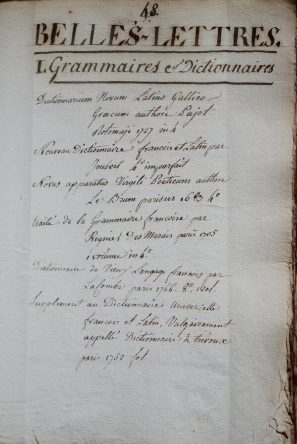 Inventaire manuscrit de bibliothèque par Claude Marin Saugrain le Jeune
