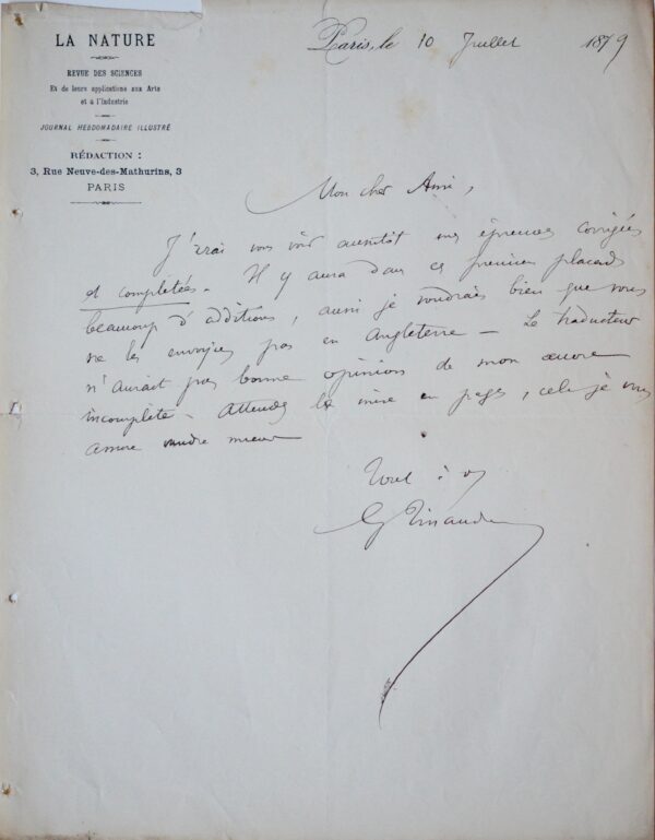 Correspondance de Gaston Tissandier avec Maurice Dreyfous