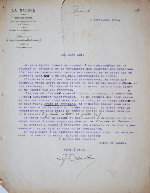 Correspondance de Gaston Tissandier avec Maurice Dreyfous