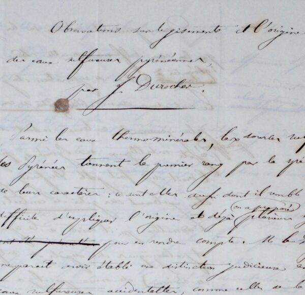 Manuscrit de Joseph Durocher : "De l'origine des eaux sulfureuses pyrénéennes"