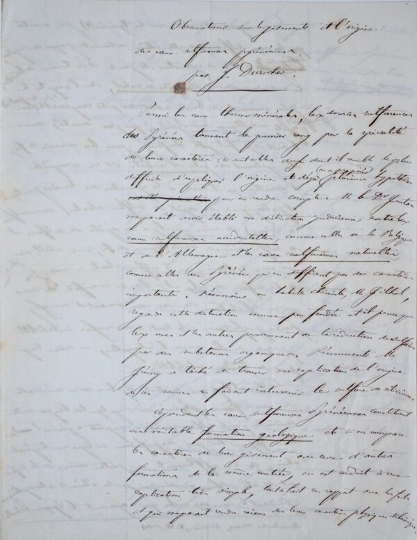Manuscrit de Joseph Durocher : "De l'origine des eaux sulfureuses pyrénéennes"