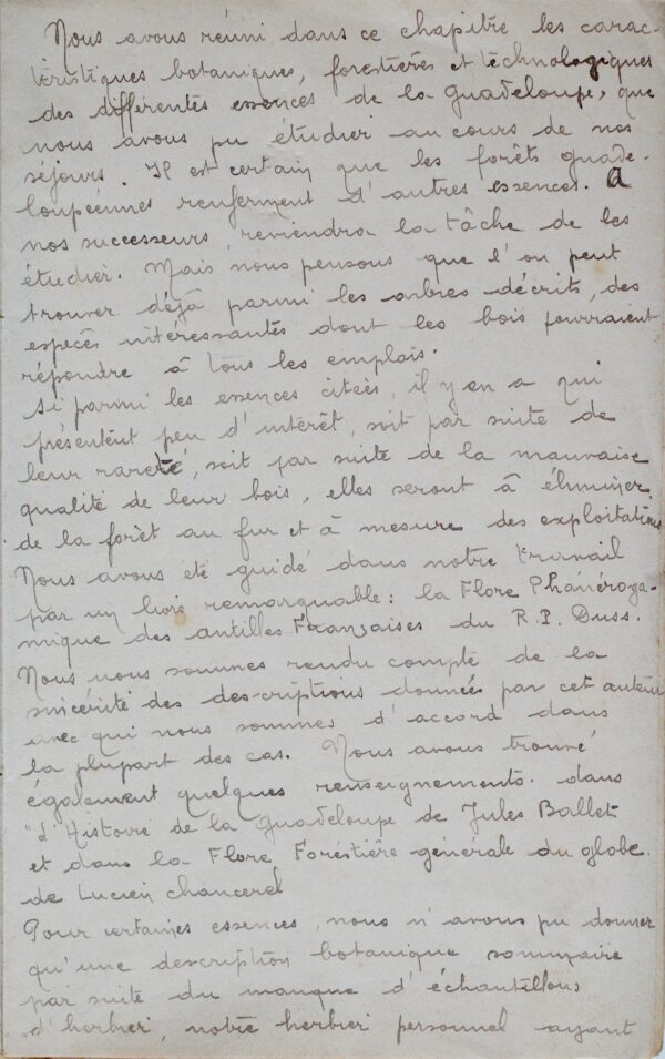 Manuscrit contenant la description des principales essences forestières de la Guadeloupe