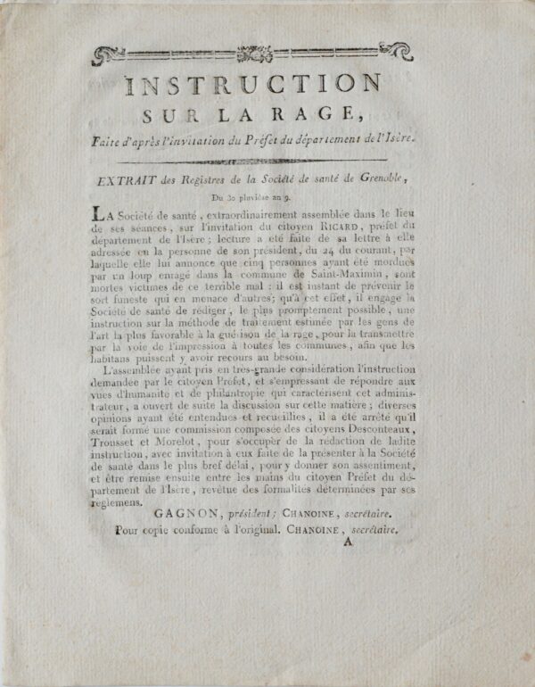 Deux imprimés relatifs à la maladie de la rage, vers 1800 et 1812