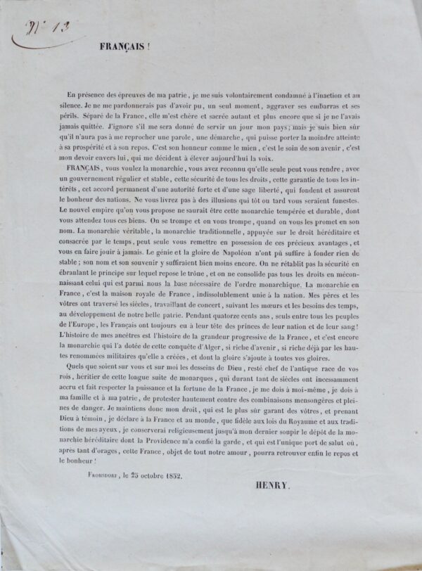Manifeste du Comte de Chambord, 25 octobre 1852