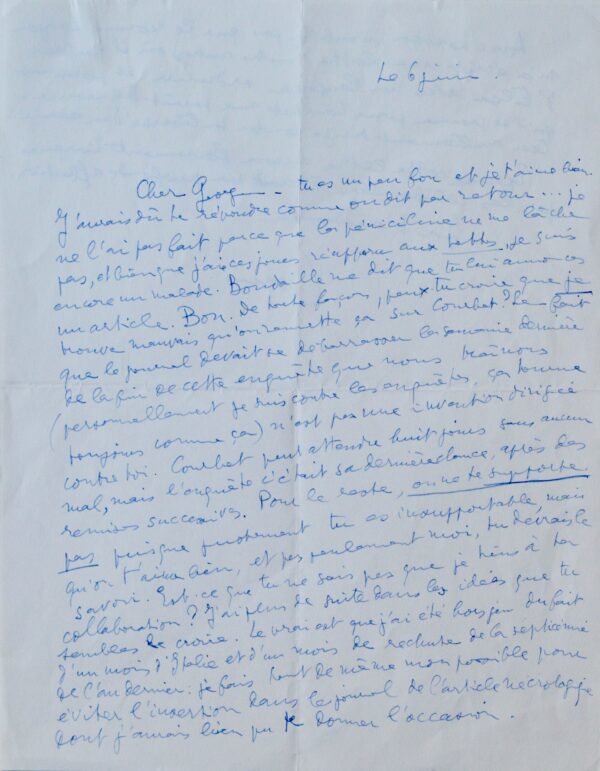 Aragon à Georges Besson : sa maladie, Boudaille, Courbet, Elsa, Bernard Lorjou, etc.