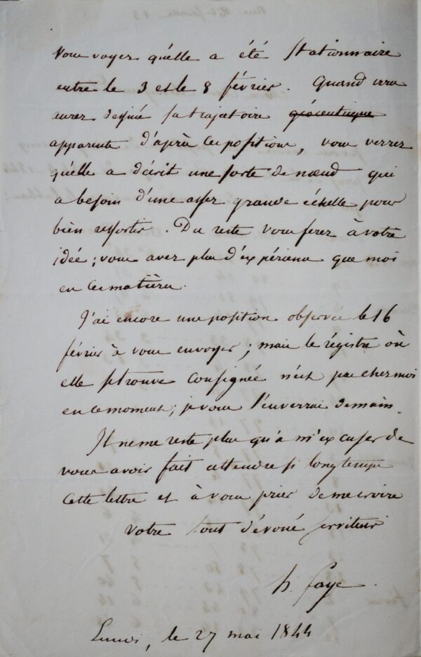 Faye transmet à Dien les positions de la comète de 1843 et 1844