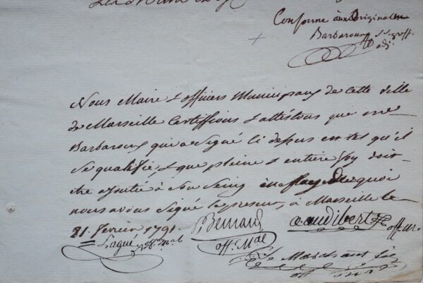 Intéressant document signé par Barbaroux, 1791
