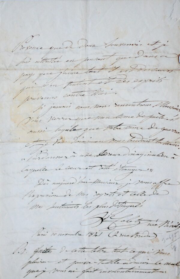 Longue et belle lettre d'excuses de Louise Colet