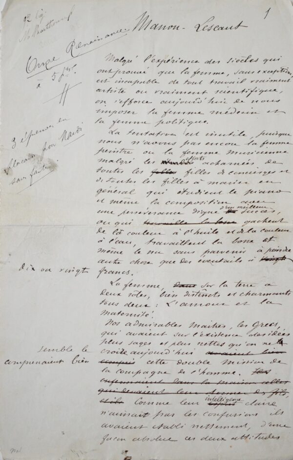 Manuscrit de la préface de Manon Lescaut, par Maupassant