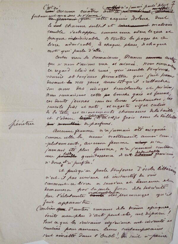 Manuscrit de la préface de Manon Lescaut, par Maupassant