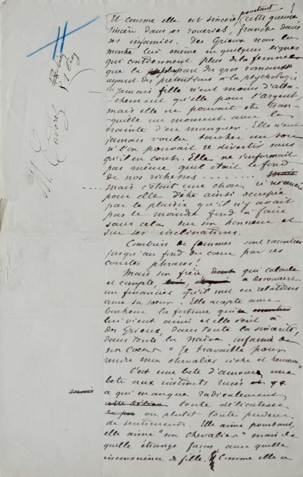 Manuscrit de la préface de Manon Lescaut, par Maupassant