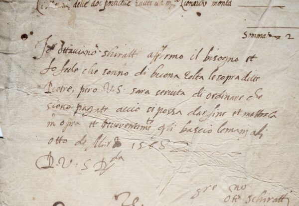 Très rare billet de l'architecte de la Renaissance italienne Ottaviano Schiratti