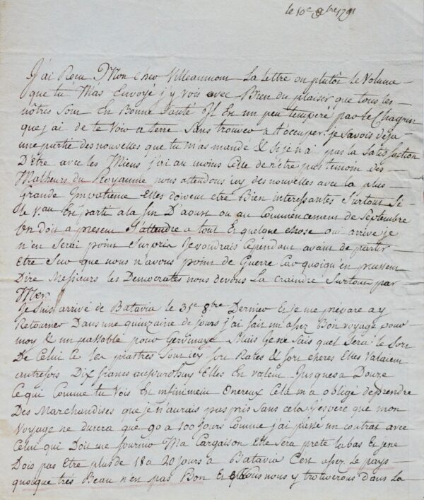 Très intéressante lettre du navigateur Pierre Magon de Lépinay, sous la Révolution