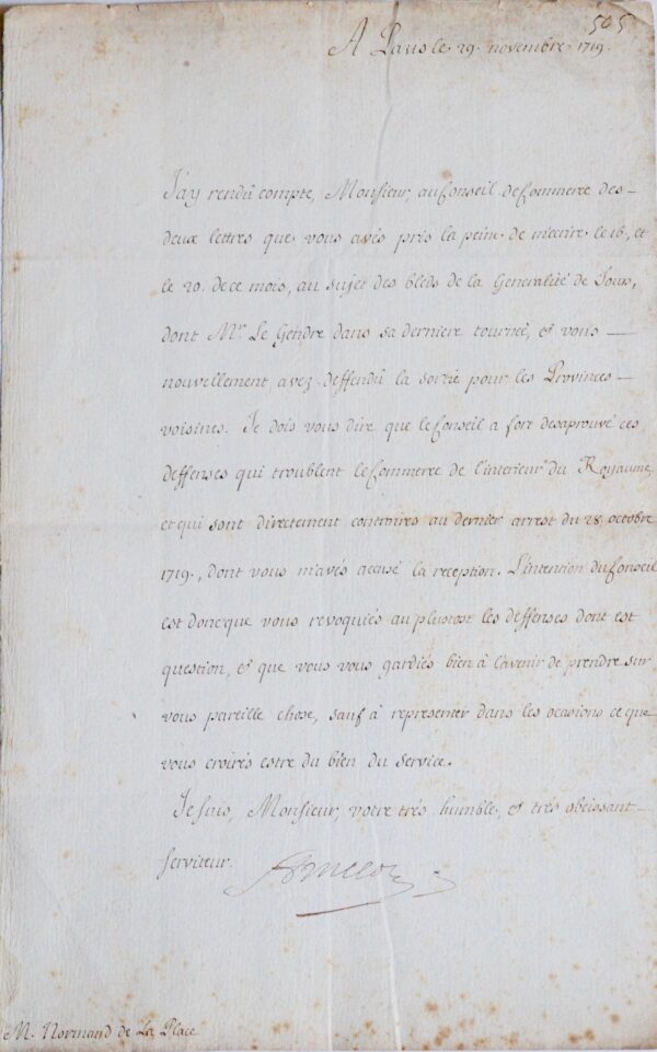 Amelot ordonne un rétablissement du commerce du blé, à Tours