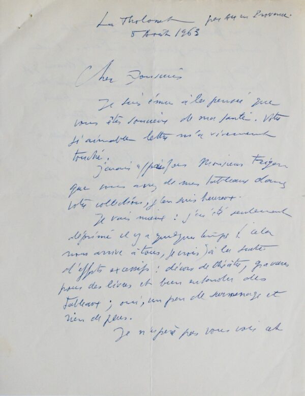 Belle lettre d'André Masson à Tony Curtis