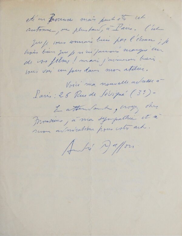 Belle lettre d'André Masson à Tony Curtis