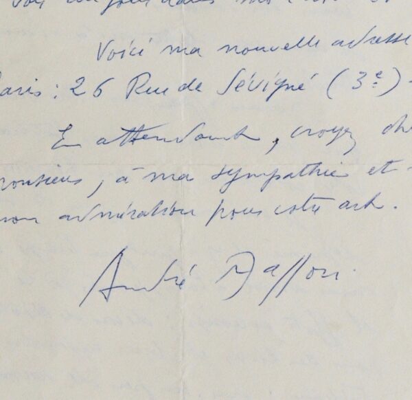 Belle lettre d'André Masson à Tony Curtis