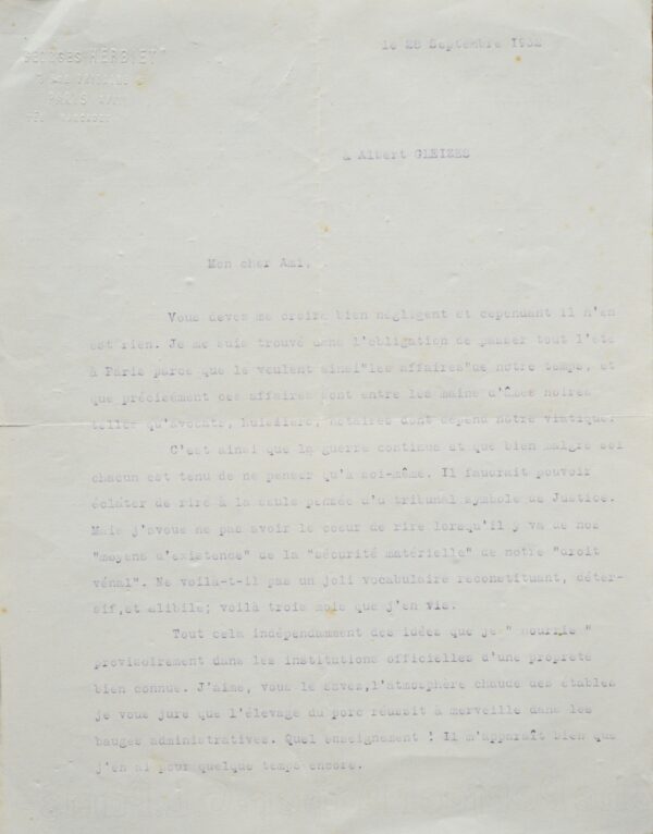 Lettre de Georges Herbiet à Albert Gleizes